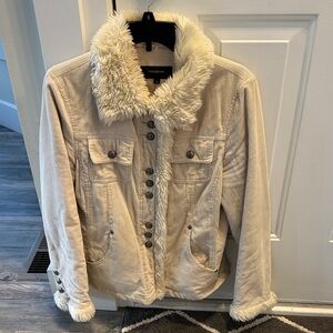 Beige Corduroy Jacket with Faux Fur Collar and sleeves